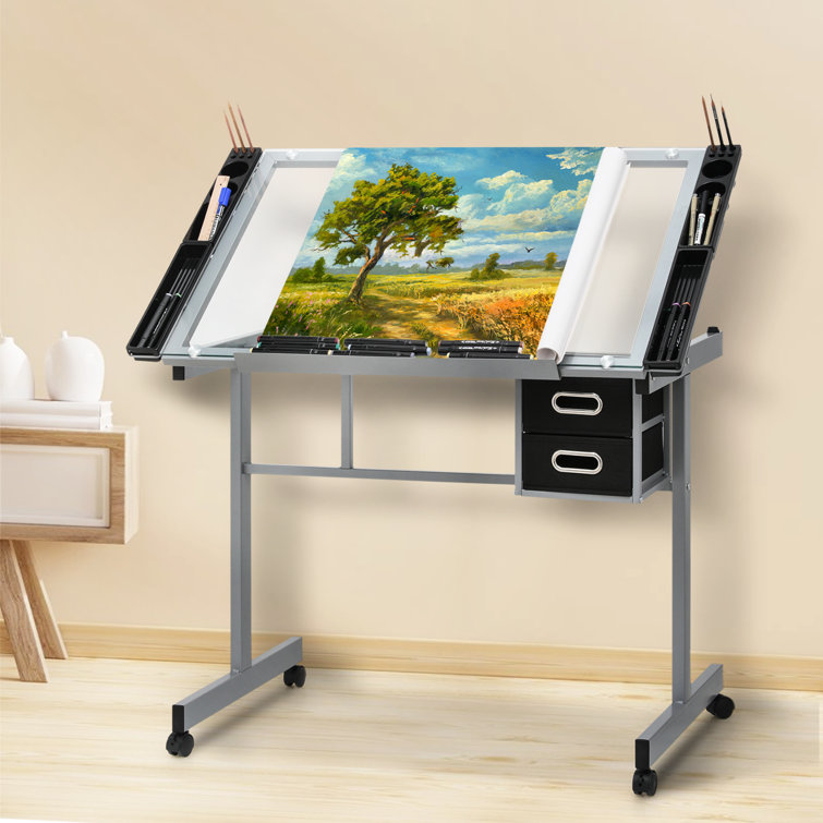 Lachus Craft and Drawing Station, Transparent Tempered Glass Top Drafting  Table with Dual Drawers